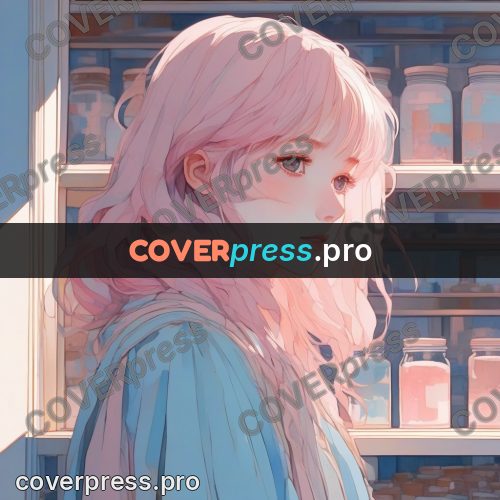 Aesthetic drawing: girl with pink hair by shelves