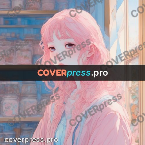 Aesthetic drawing: girl with pink hair by shelves