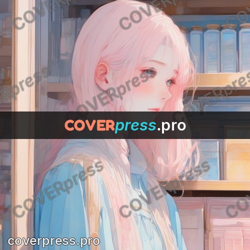 Aesthetic drawing: girl with pink hair by shelves