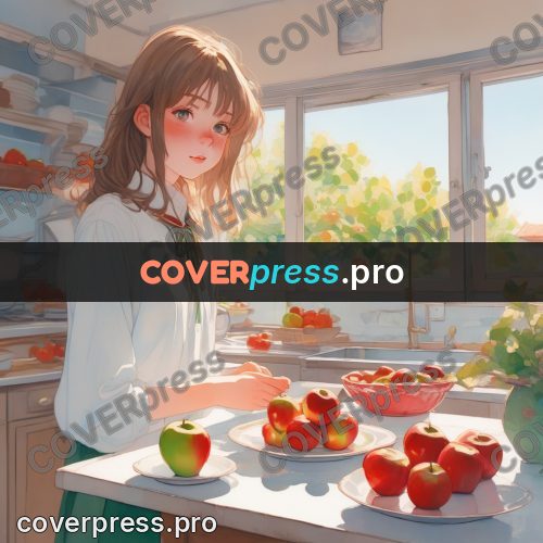 Aesthetic drawing: girl at a table with apples