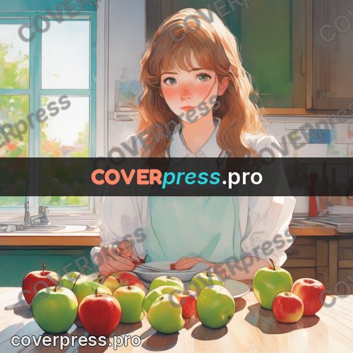 Aesthetic drawing: girl at a table with apples
