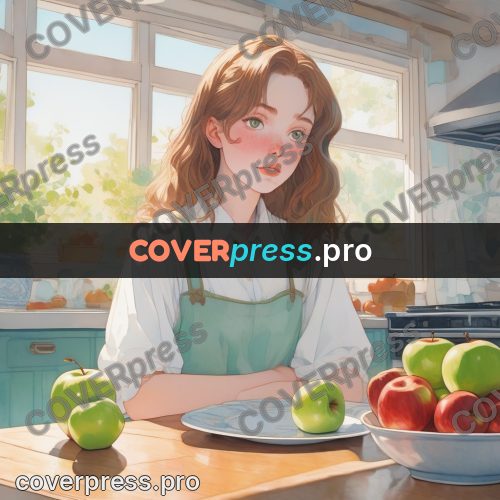 Aesthetic drawing: girl at a table with apples