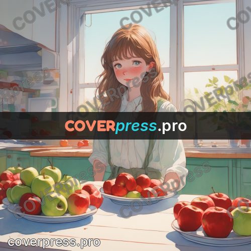 Aesthetic drawing: girl at a table with apples