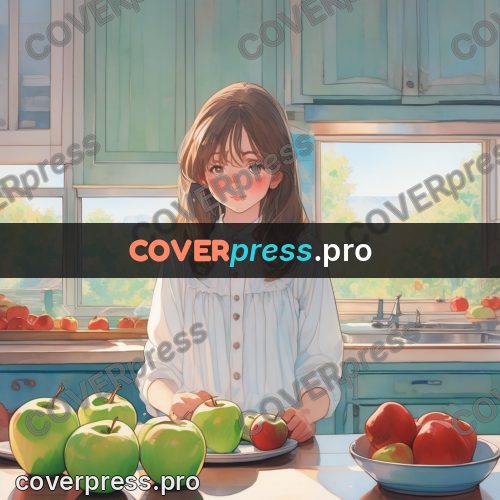 Aesthetic drawing: girl at a table with apples