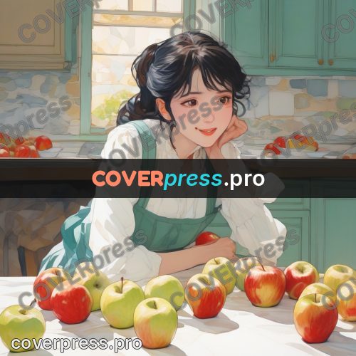 Aesthetic drawing: girl in a kitchen with apples