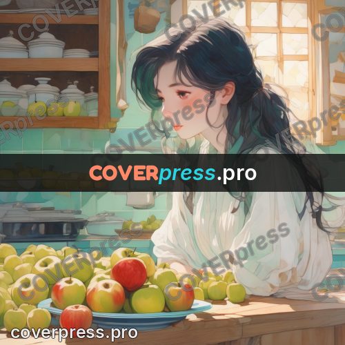 Aesthetic drawing: girl in a kitchen with apples