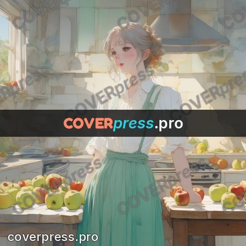 Aesthetic drawing: girl in a kitchen with apples