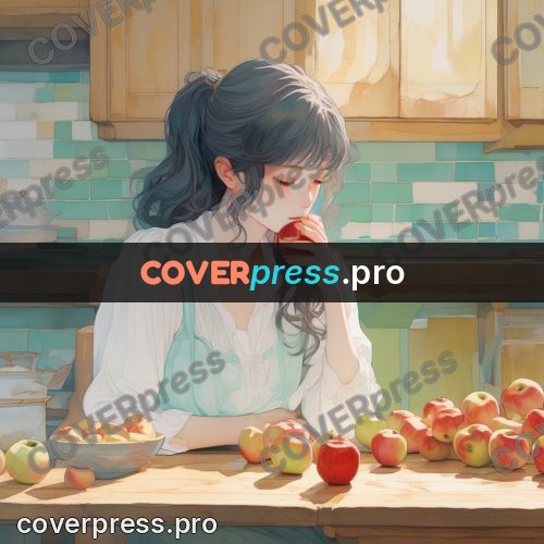 Aesthetic drawing: girl in a kitchen with apples