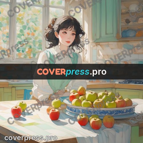 Aesthetic drawing: girl in a kitchen with apples
