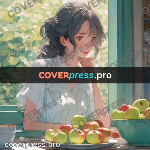 Aesthetic drawing: girl and apples by a window
