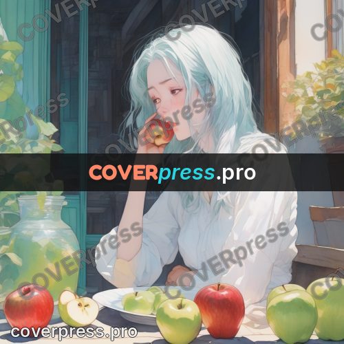 Aesthetic drawing: girl and apples by a window