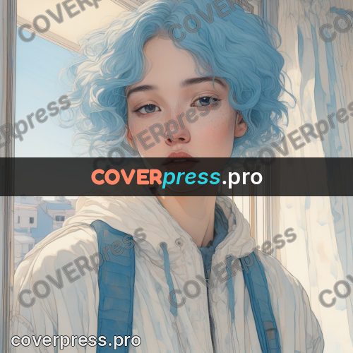 Aesthetic drawing: blue-haired girl by a window