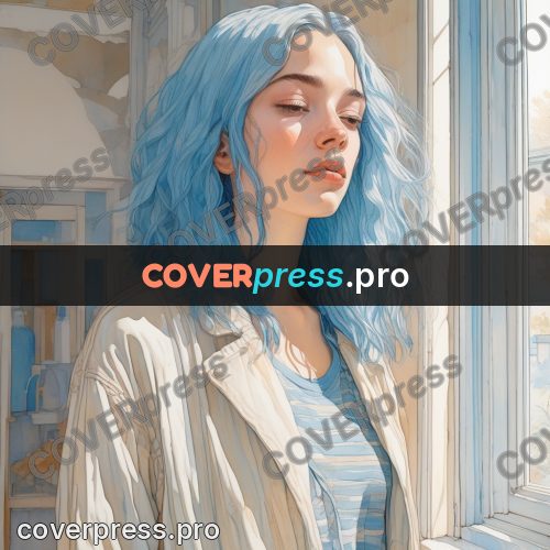 Aesthetic drawing: blue-haired girl by a window