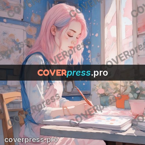 Aesthetic drawing: pink-haired girl at a table