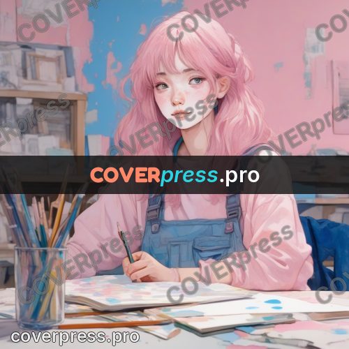 Aesthetic drawing: pink-haired girl at a table