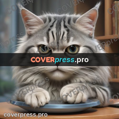Funny illustration: grey fluffy cat indoors