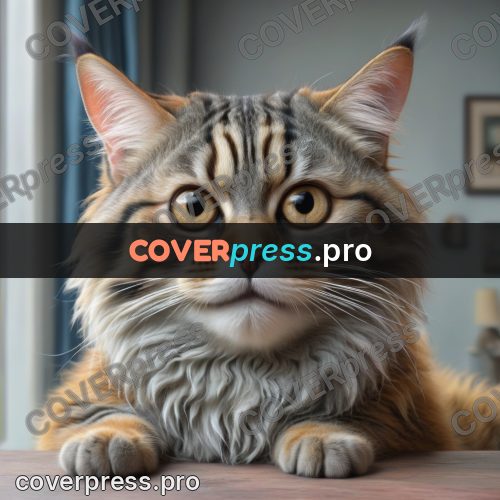 Funny illustration: grey fluffy cat indoors