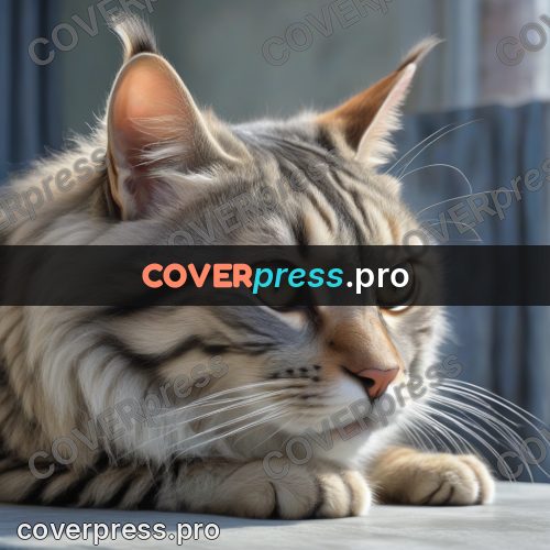 Funny illustration: grey fluffy cat indoors