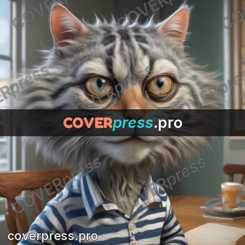 Funny illustration: grey fluffy cat indoors