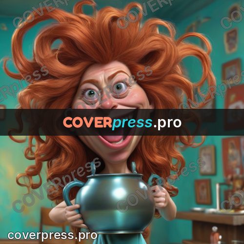 Funny illustration: red-haired woman with a pot