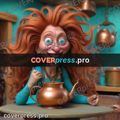 Funny illustration: red-haired woman with a pot
