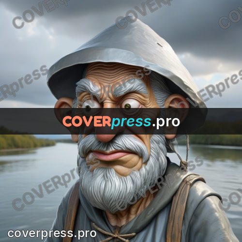 Funny illustration: fisherman in a wide hat