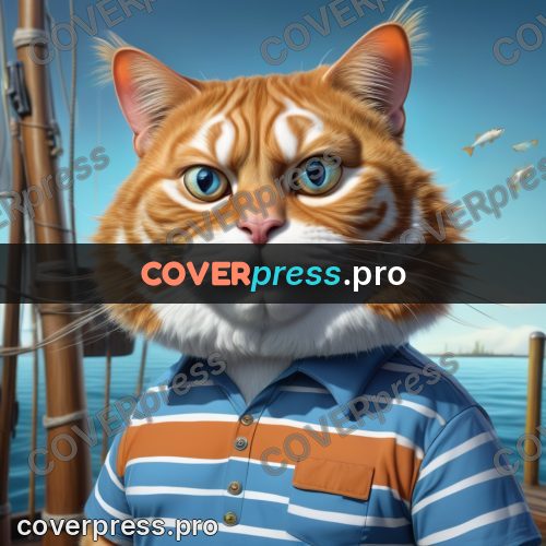 Funny illustration: ginger cat in a striped shirt