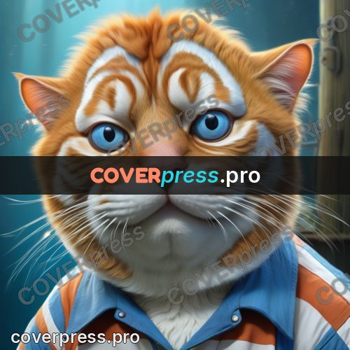 Funny illustration: ginger cat in a striped shirt
