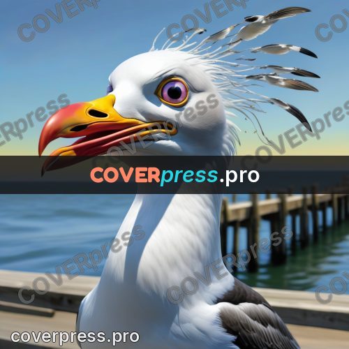 Funny illustration: seagull by a pier