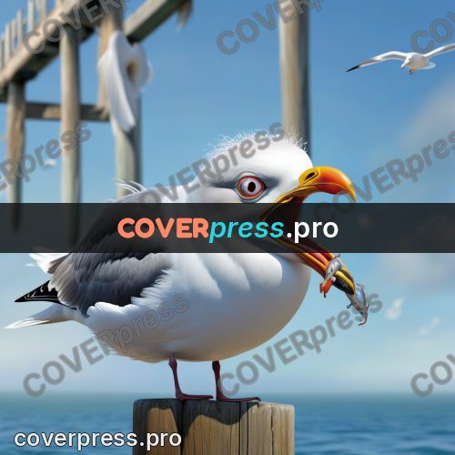 Funny illustration: seagull by a pier