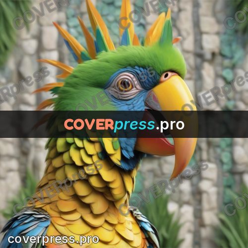 Funny illustration: green parrot in bright feathers