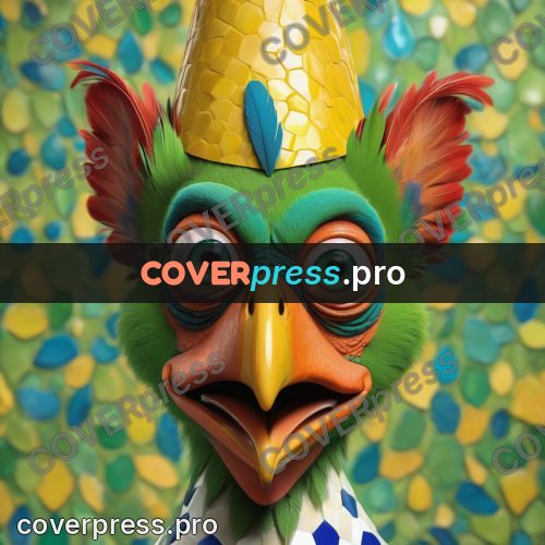Funny illustration: green parrot in bright feathers