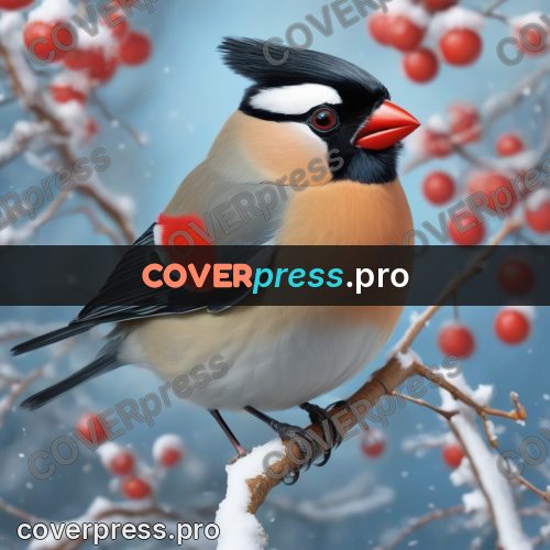 Funny illustration: bird on a snowy branch