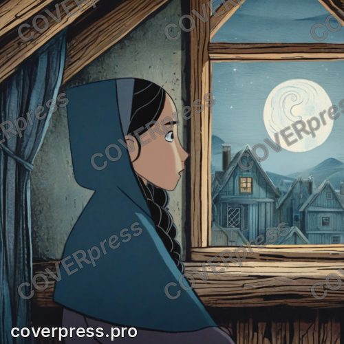 В стиле Кельтский мультфильм: девочка лет девяти, чёрные косы, синяя вязаная накидка с костяной пуговицей, сидит