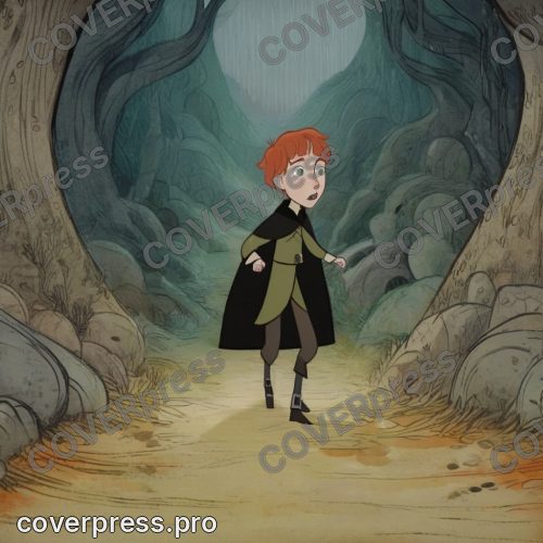 В стиле Кельтский мультфильм: мальчик лет восьми, рыжие вихры, серый шерстяной плащ с деревянной застёжкой, идёт