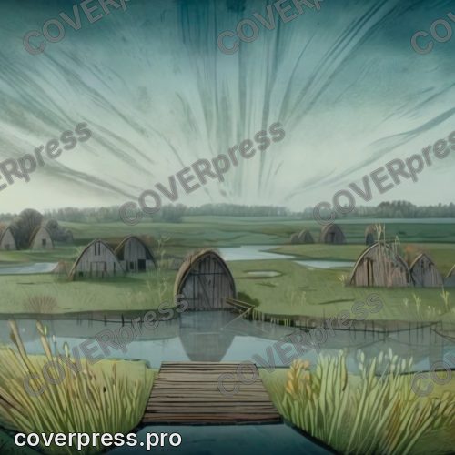 В стиле Кельтский мультфильм: над камышом кругами ходят три крупные птицы, на мостках оставлен венок из перьев, вода