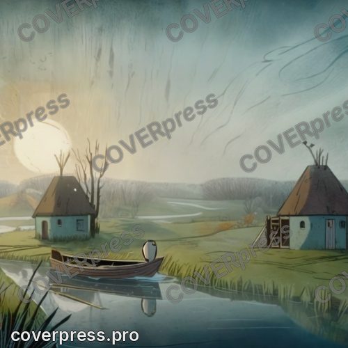 В стиле Кельтский мультфильм: над камышом кругами ходят три крупные птицы, на мостках оставлен венок из перьев, вода