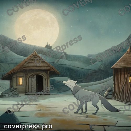 В стиле Кельтский мультфильм: примятый мох на черепице, оставленный волчий след в изморози, вдалеке уходящая по гребню
