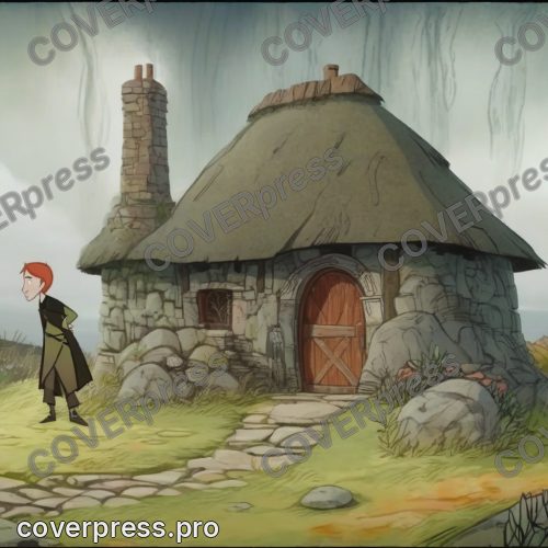 В стиле Кельтский мультфильм: приземистый дом под тяжёлой соломенной кровлей, из трубы прямой дымок