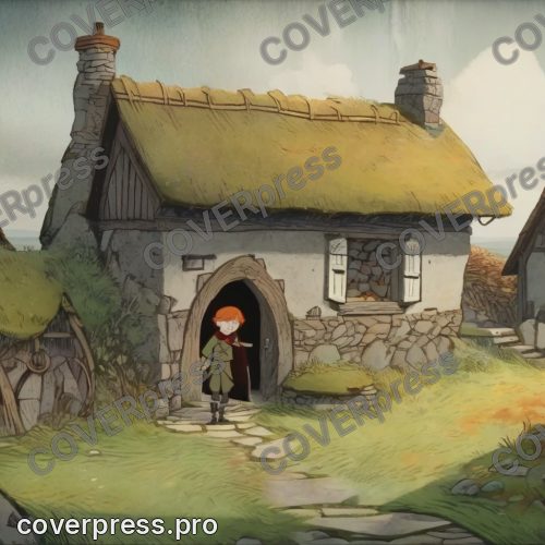 В стиле Кельтский мультфильм: приземистый дом под тяжёлой соломенной кровлей, из трубы прямой дымок