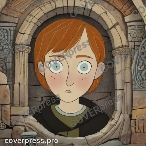 В стиле Кельтский мультфильм: рыжие вихры, серый плащ с деревянной застёжкой, огромные круглые глаза широко