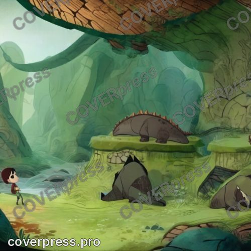 В стиле Кельтский мультфильм: свернувшийся кольцом ящер размером с лодку, чешуя мшисто-зелёная с кирпичными