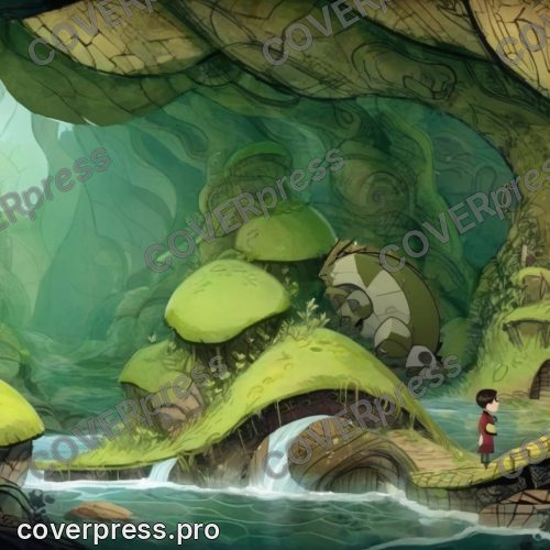 В стиле Кельтский мультфильм: свернувшийся кольцом ящер размером с лодку, чешуя мшисто-зелёная с кирпичными