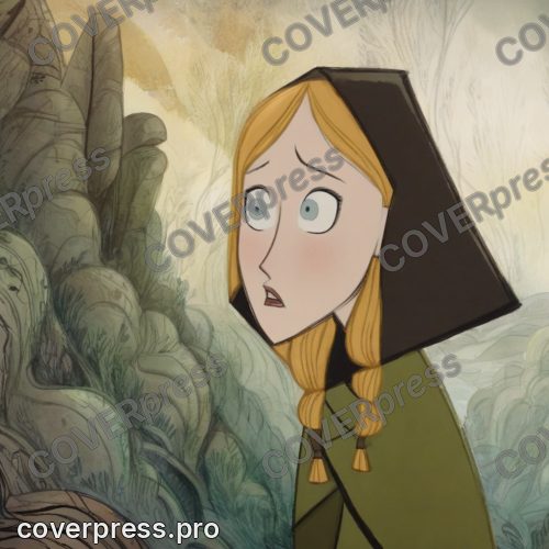 В стиле Кельтский мультфильм: та же девочка, медные волосы под серым платком, бурая безрукавка на шнуровке, стоит