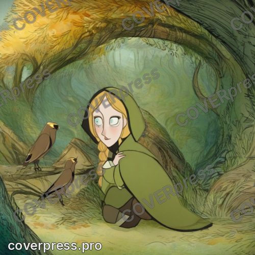 В стиле Кельтский мультфильм: та же девочка, русая коса через плечо, зелёный платок с костяной застёжкой, сидит