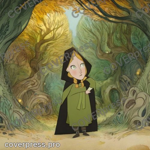 В стиле Кельтский мультфильм: та же девочка, русая коса через плечо, зелёный платок с костяной застёжкой, сидит
