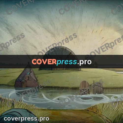 Fairy tale drawing: huts by still water