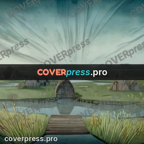 Fairy tale drawing: huts by still water