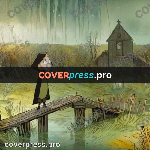 Fairy tale drawing: girl on a wooden bridge