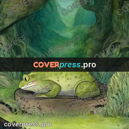 Fairy tale drawing: frog on a mossy stone
